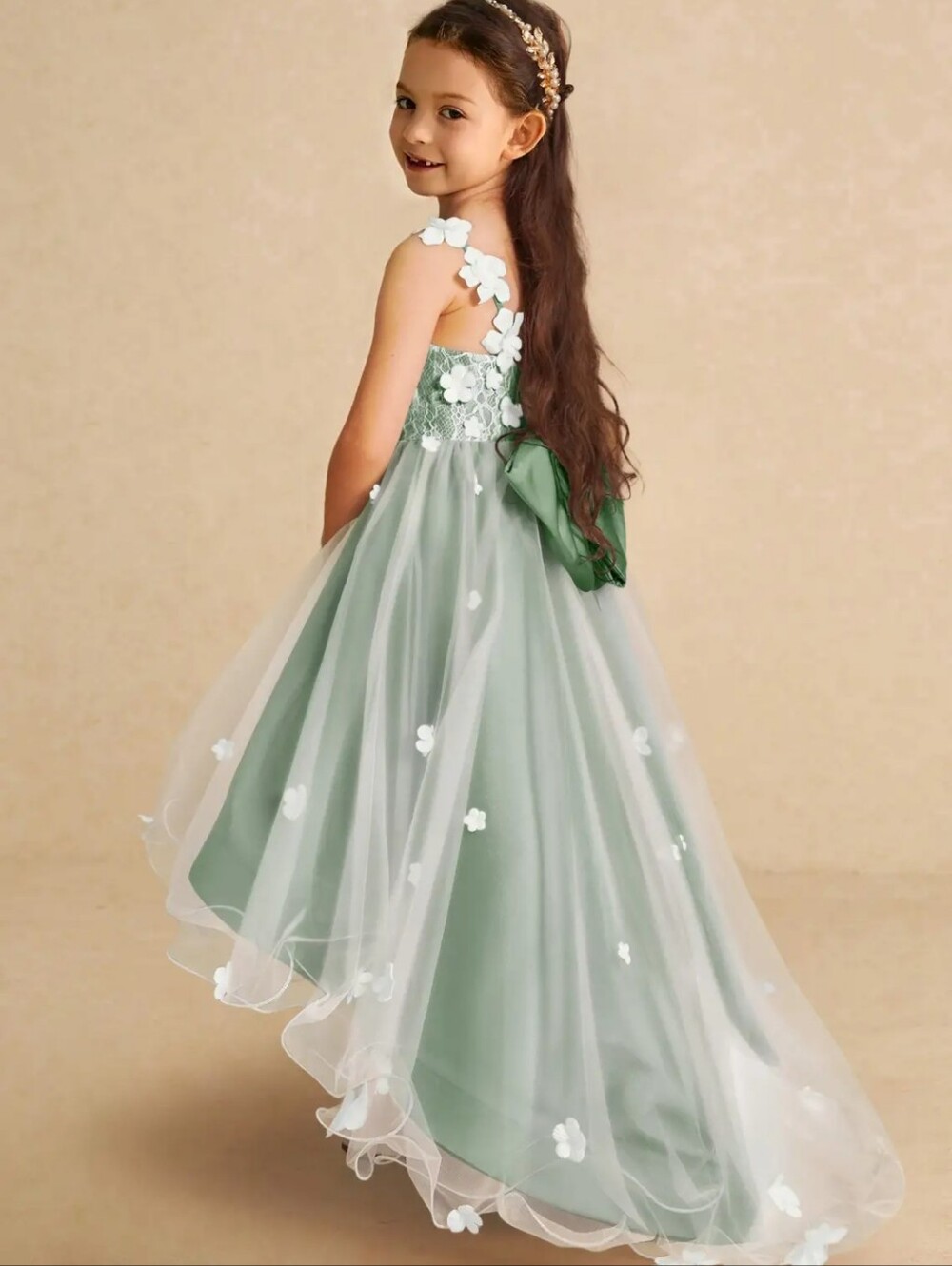 Azazie Celia Flowergirl Dress Eucalyptus Green White Lace 3D Flowers Train 14
